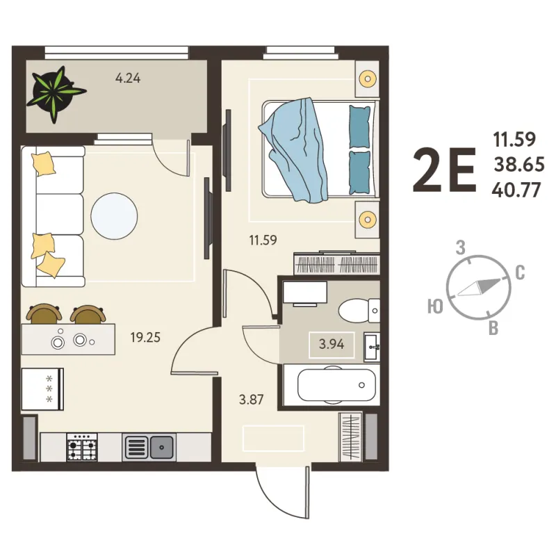 1-комн. 40.8 м²