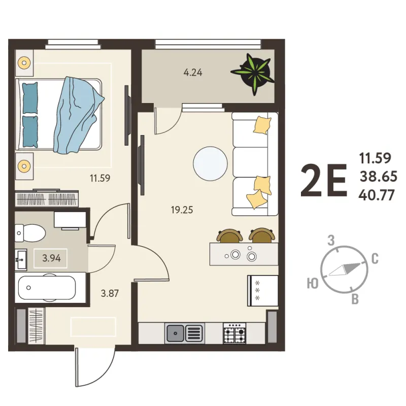 1-комн. 40.8 м²