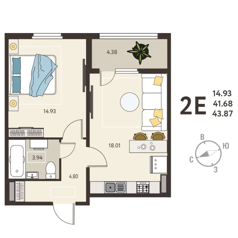 1-комн. 43.9 м²