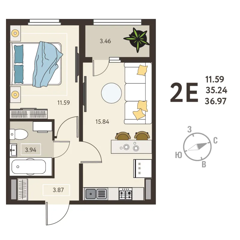1-комн. 37 м²