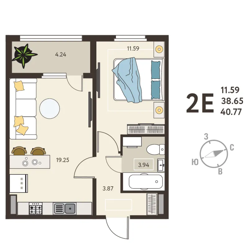 1-комн. 40.8 м²