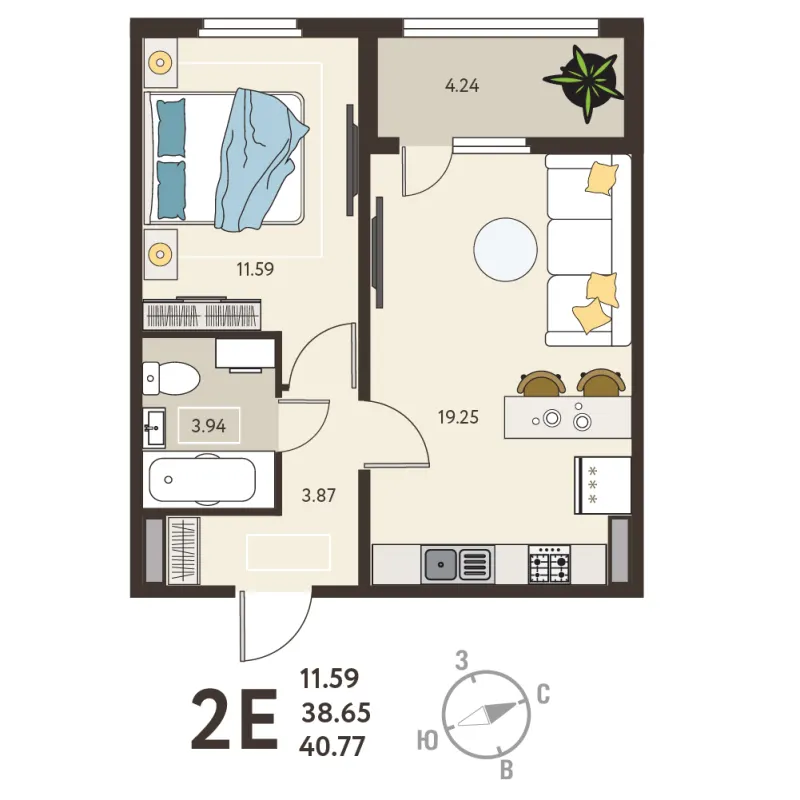 1-комн. 40.8 м²