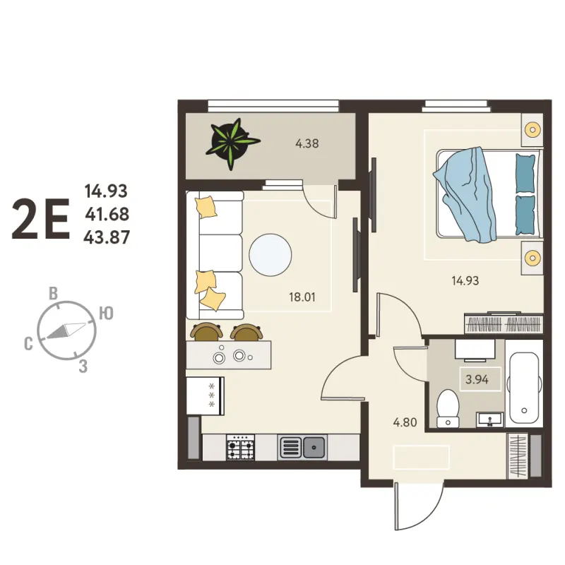 1-комн. 43.9 м²