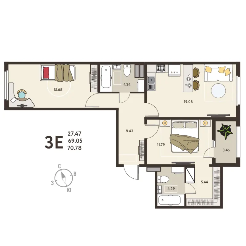 2-комн. 70.8 м²