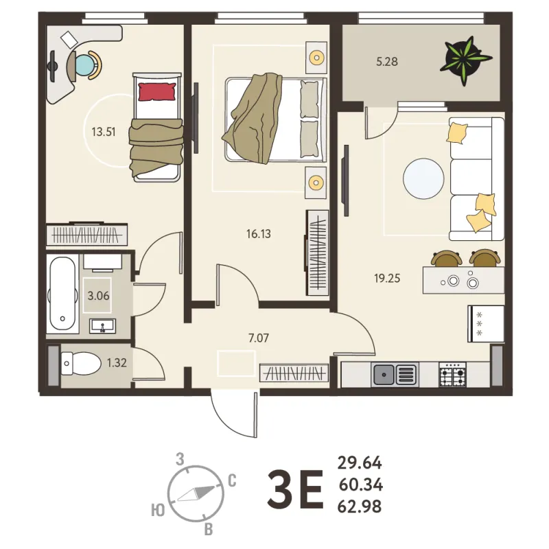 2-комн. 63 м²