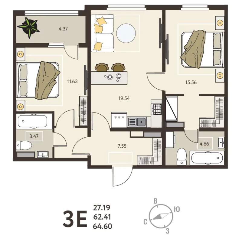 2-комн. 64.6 м²