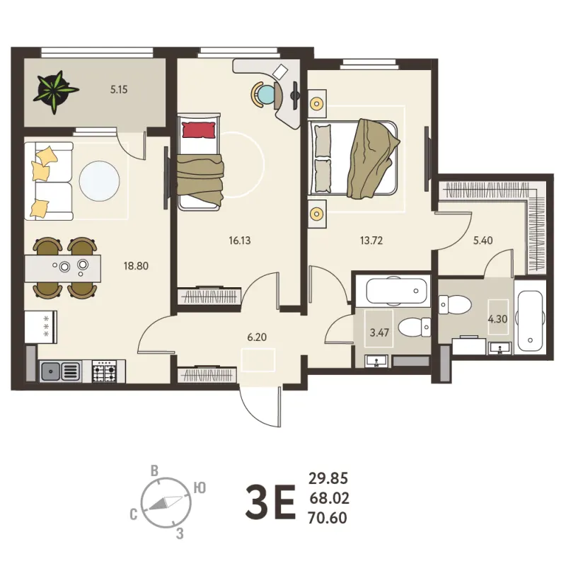 2-комн. 70.6 м²