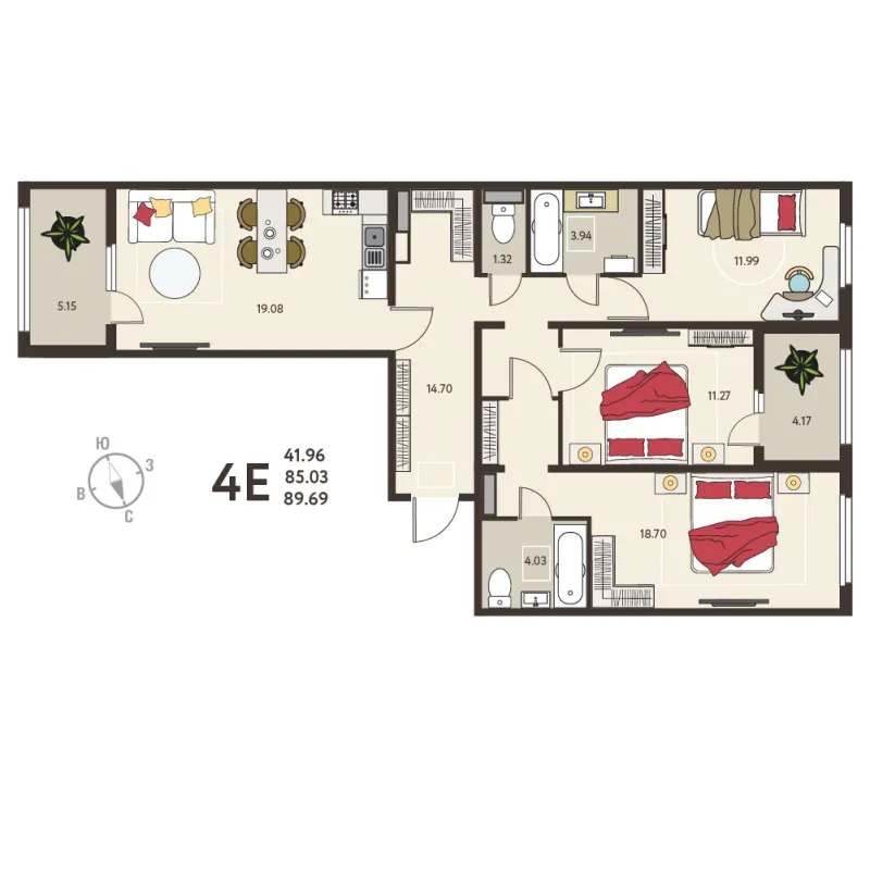 3-комн. 89.7 м²