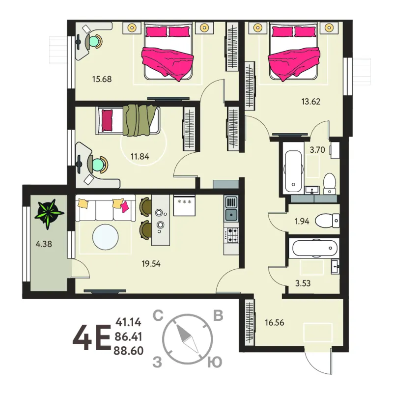 3-комн. 88.6 м²
