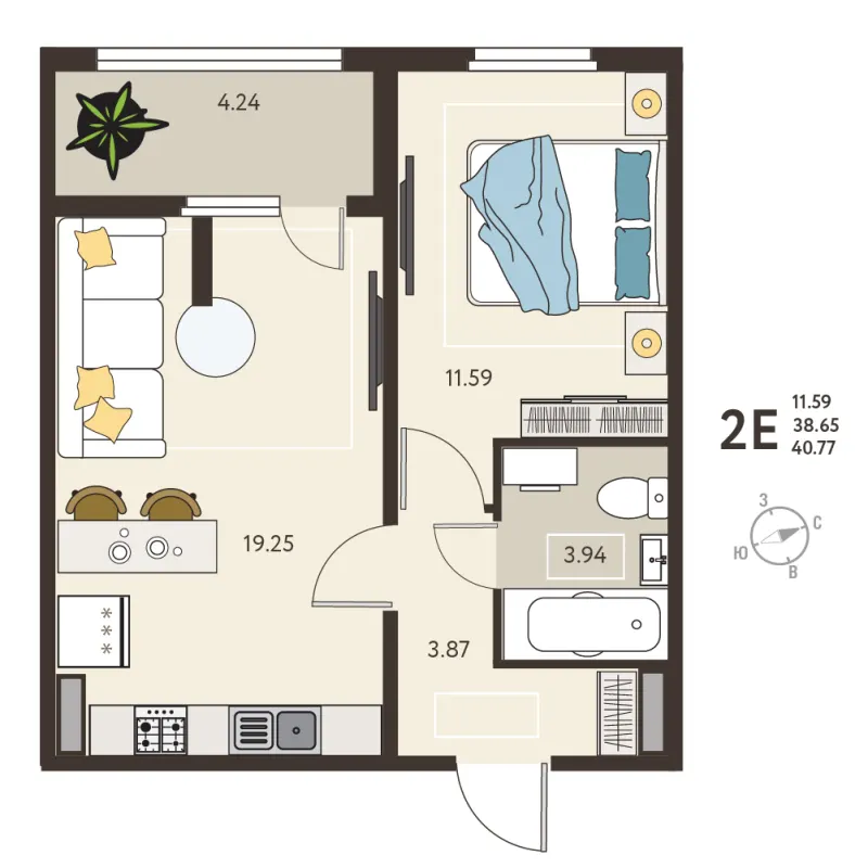 1-комн. 40.8 м²