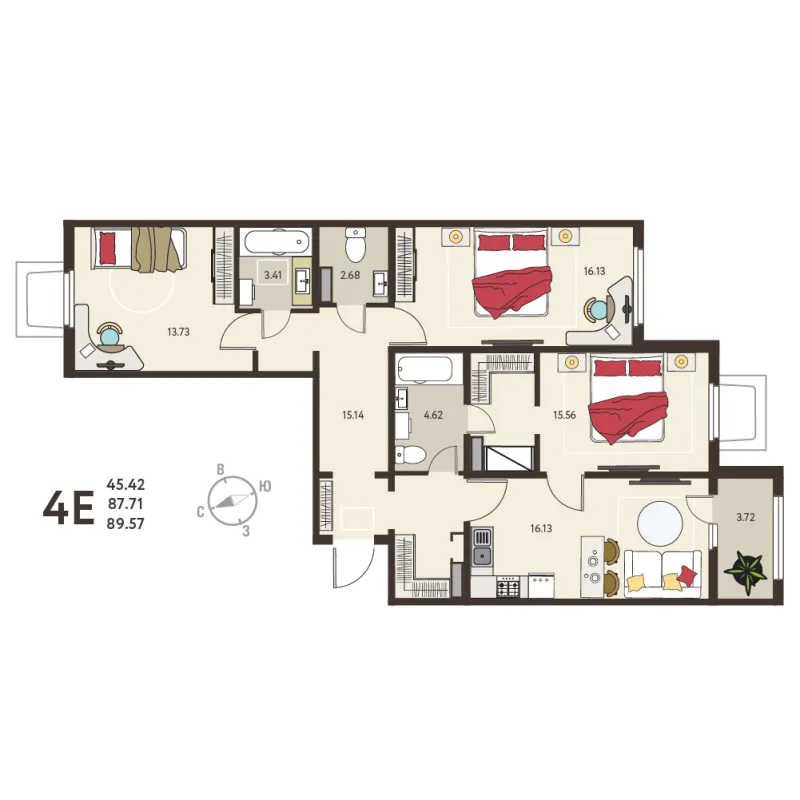 3-комн. 89.2 м²