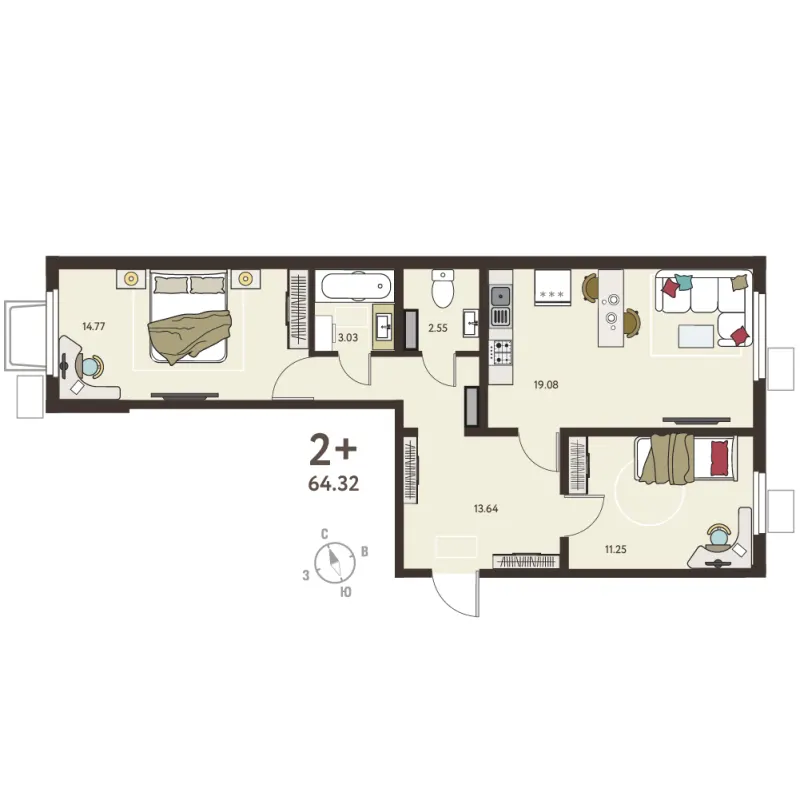 2-комн. 64.3 м²