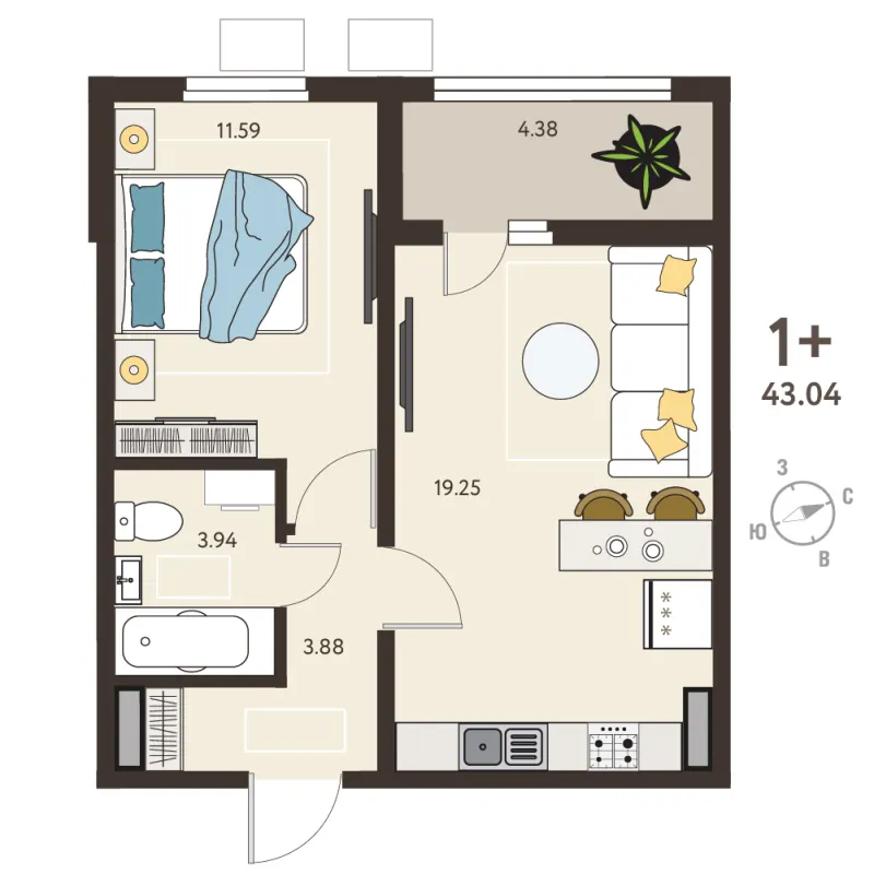 1-комн. 40.9 м²