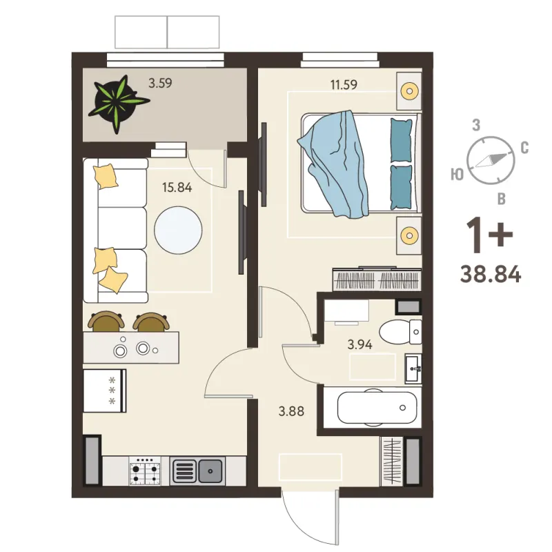 1-комн. 37.1 м²
