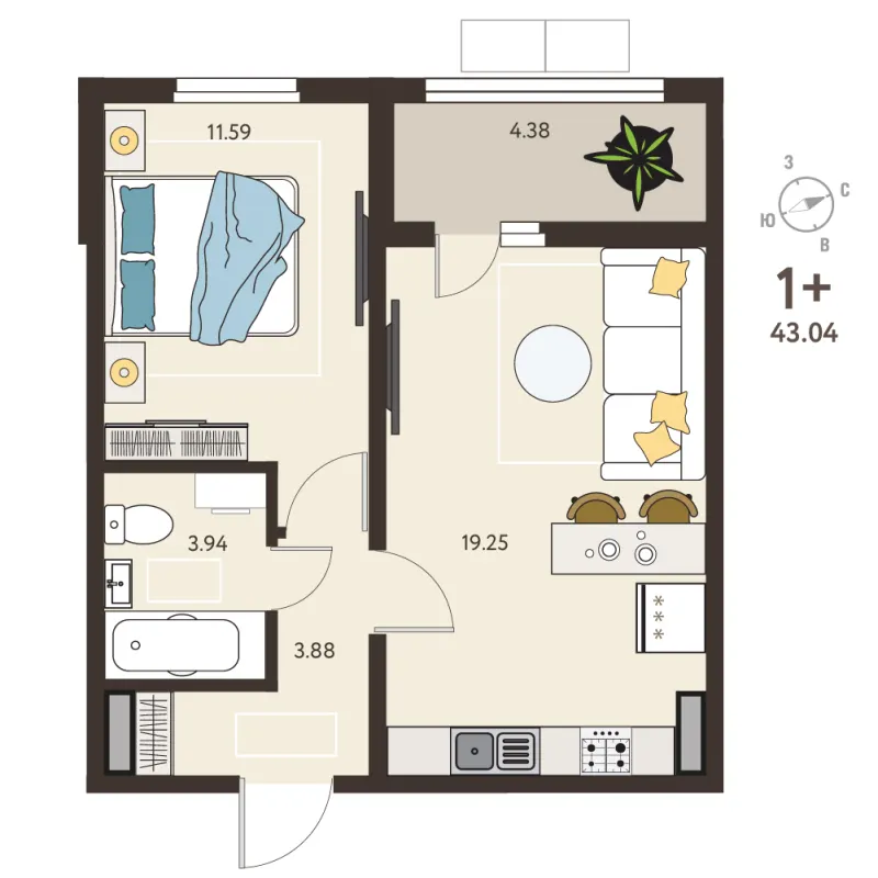 1-комн. 40.9 м²