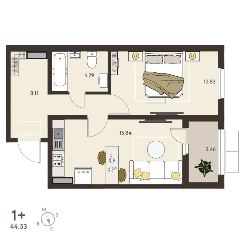 1-комн. 42.8 м²