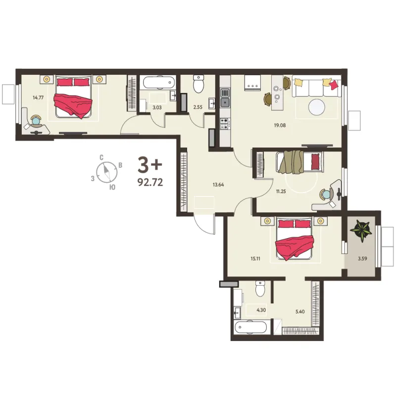 3-комн. 90.9 м²