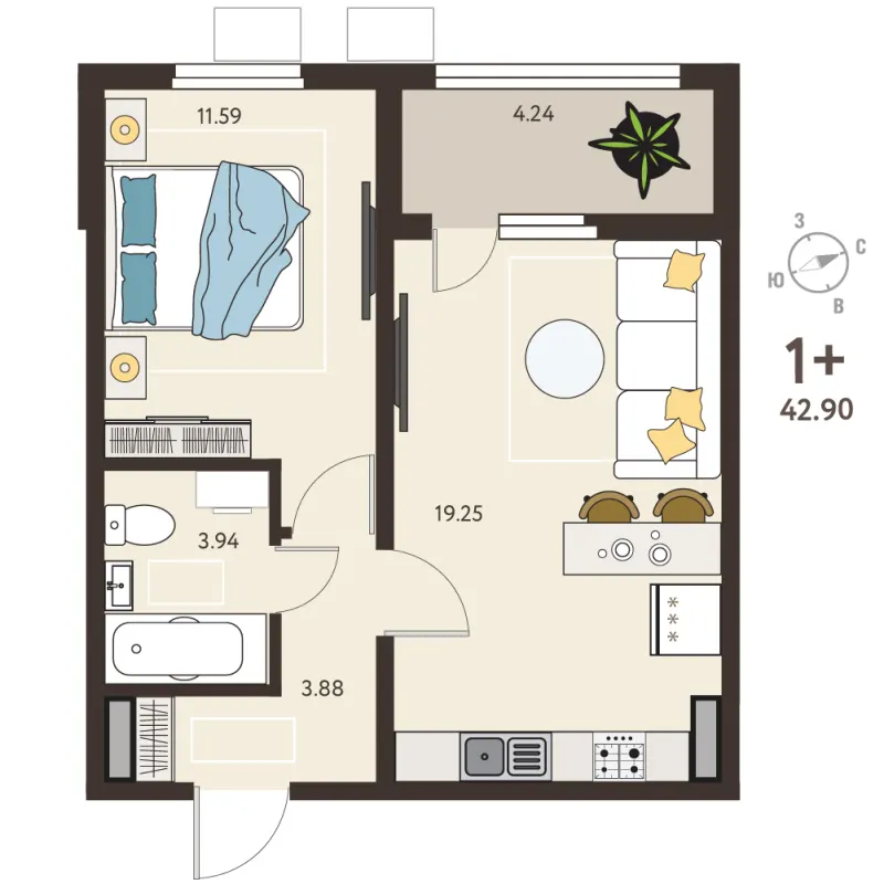 1-комн. 40.8 м²