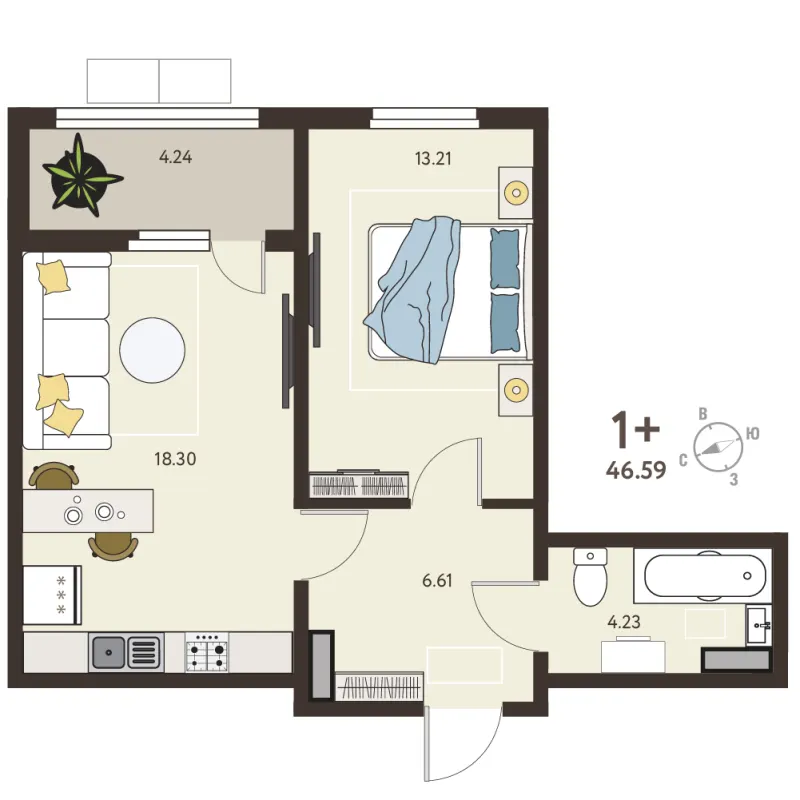 1-комн. 44.5 м²