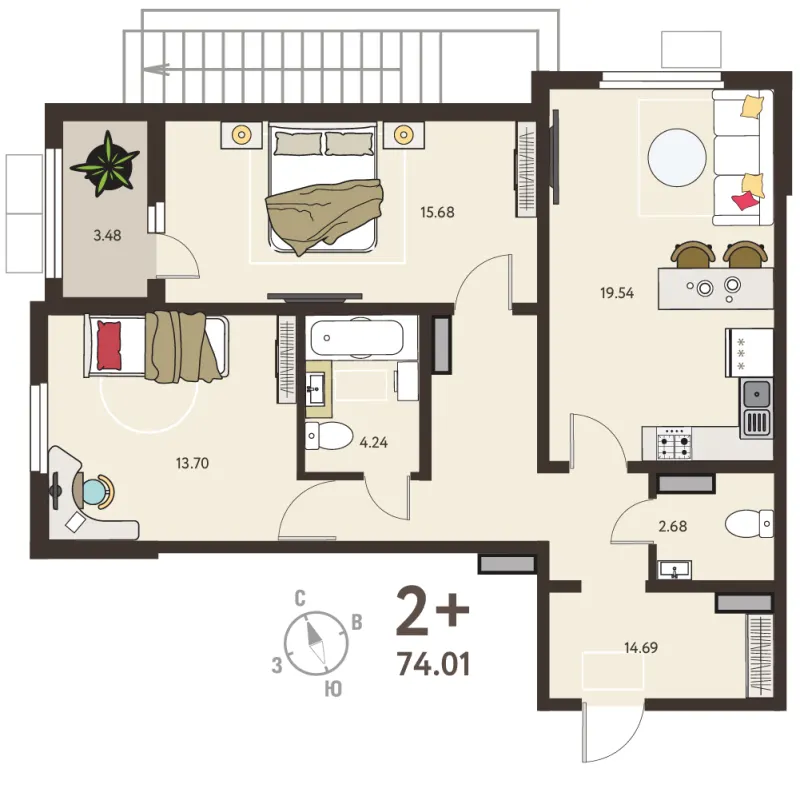 2-комн. 72.3 м²