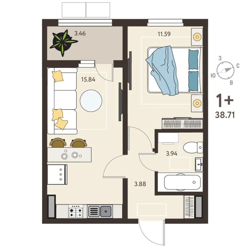 1-комн. 37 м²