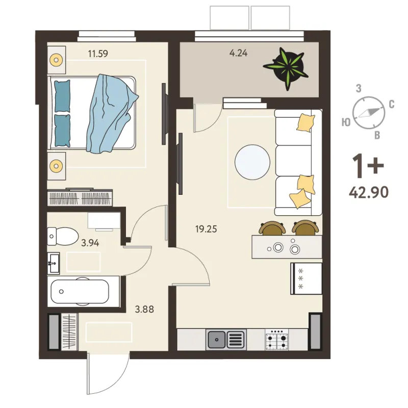 1-комн. 40.8 м²