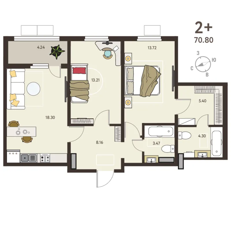 2-комн. 68.7 м²