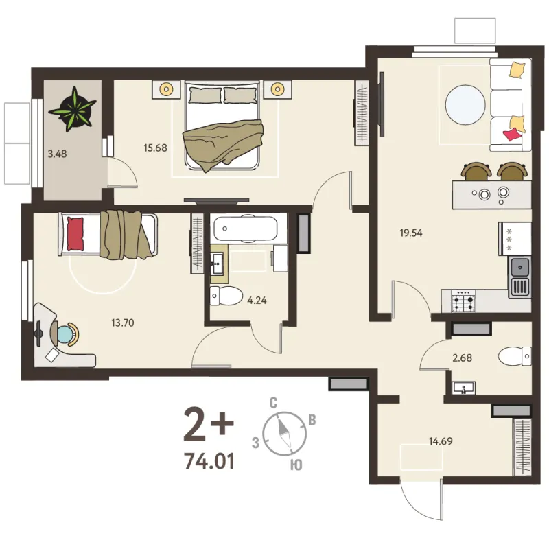 2-комн. 72.3 м²