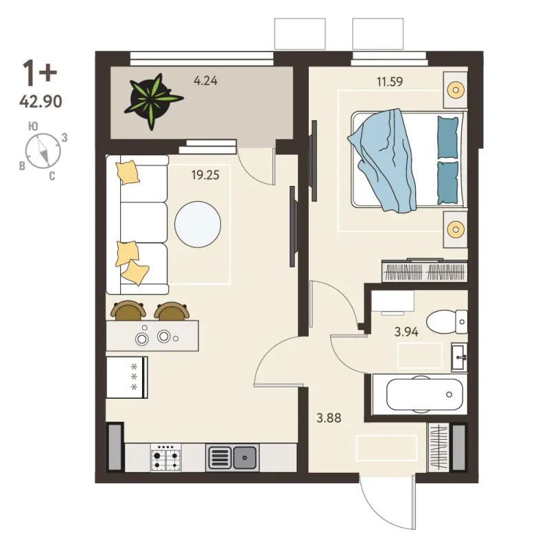 1-комн. 40.8 м²