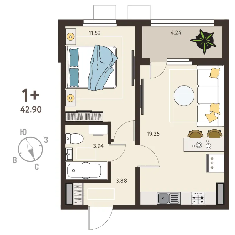 1-комн. 40.8 м²