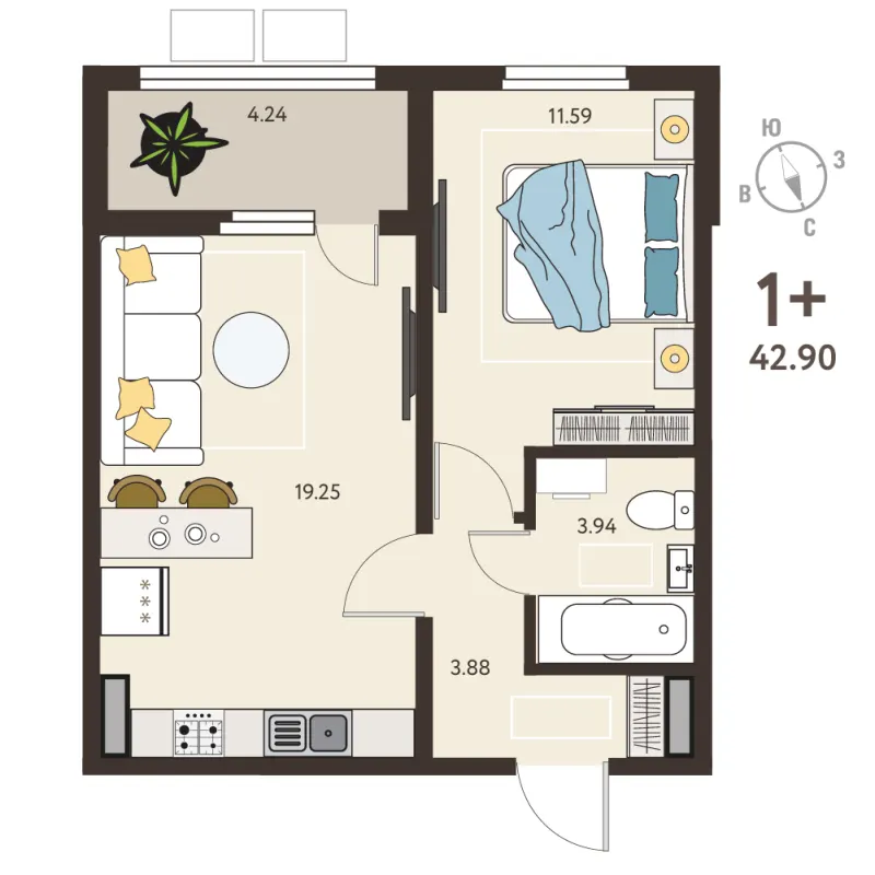 1-комн. 40.8 м²