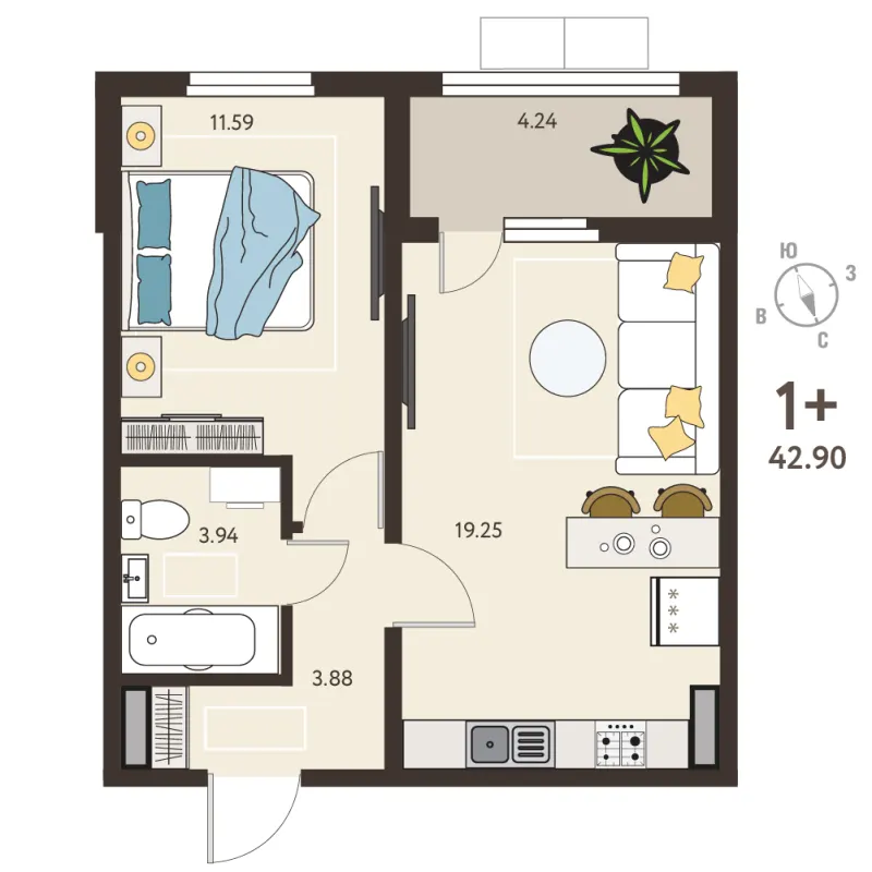 1-комн. 40.8 м²