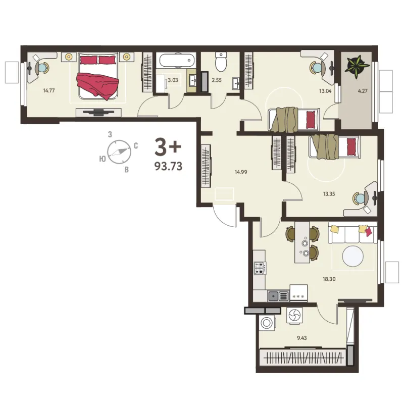 3-комн. 91.6 м²
