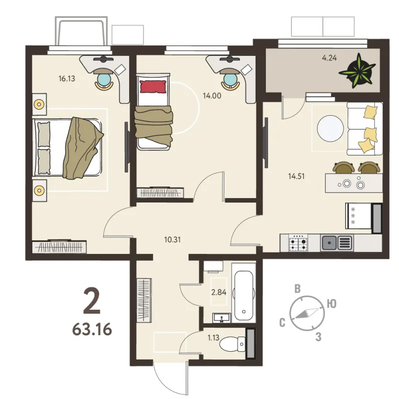 2-комн. 61 м²