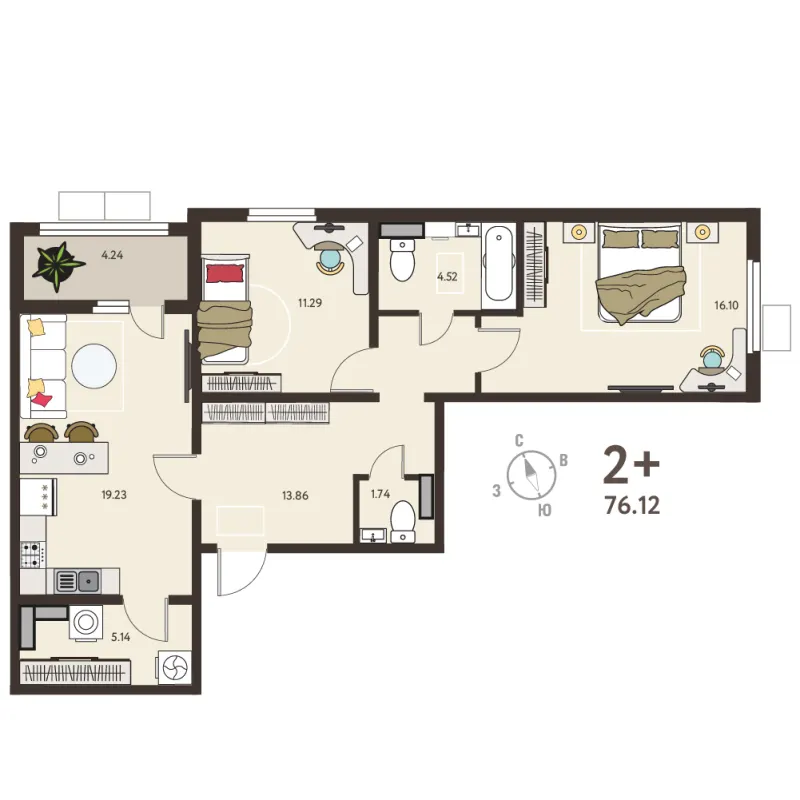 2-комн. 74 м²
