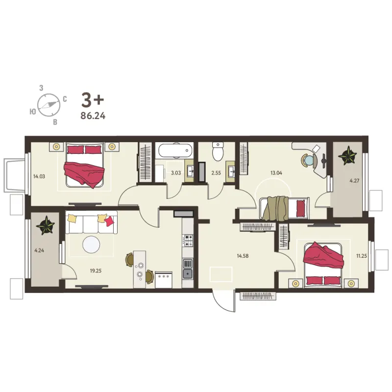 3-комн. 82 м²