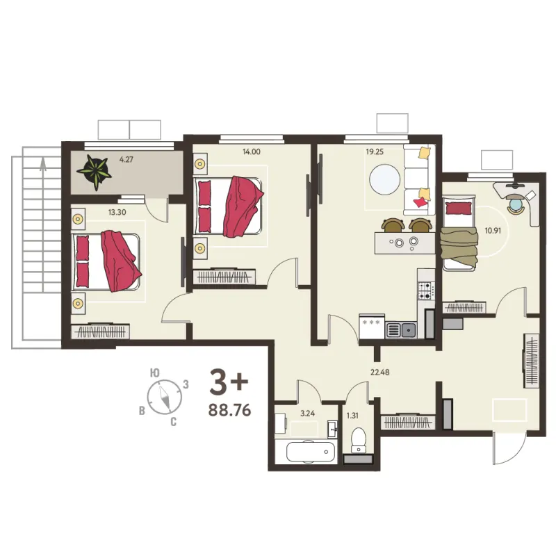 3-комн. 86.6 м²