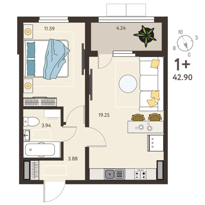 1-комн. 40.8 м²