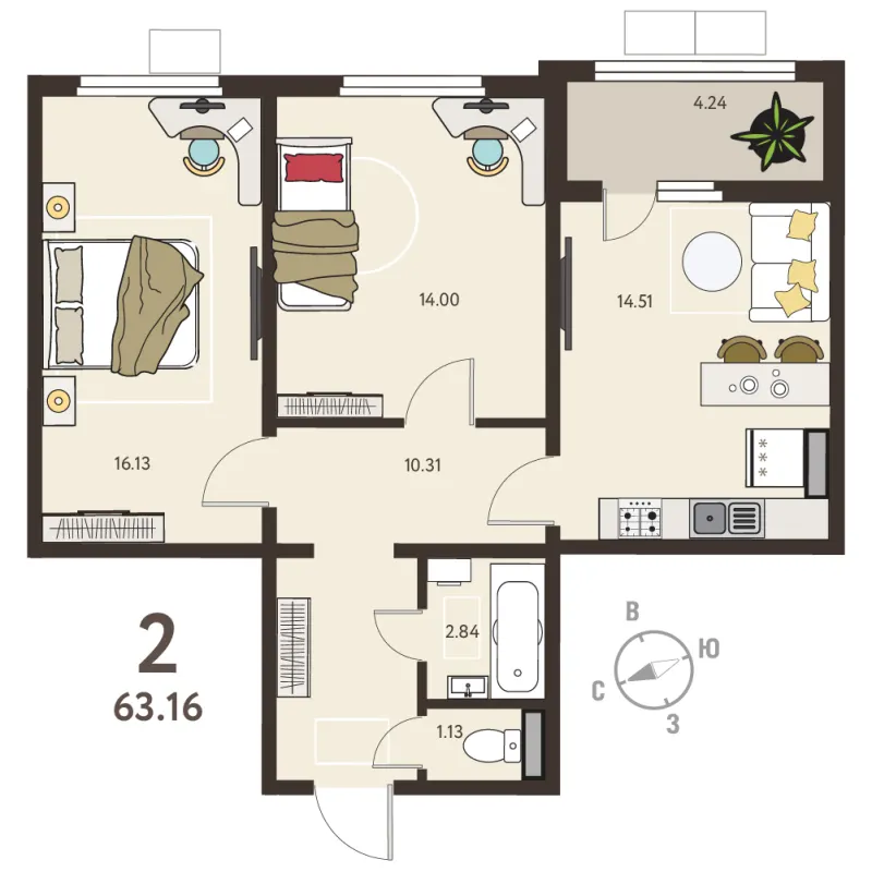 2-комн. 61 м²