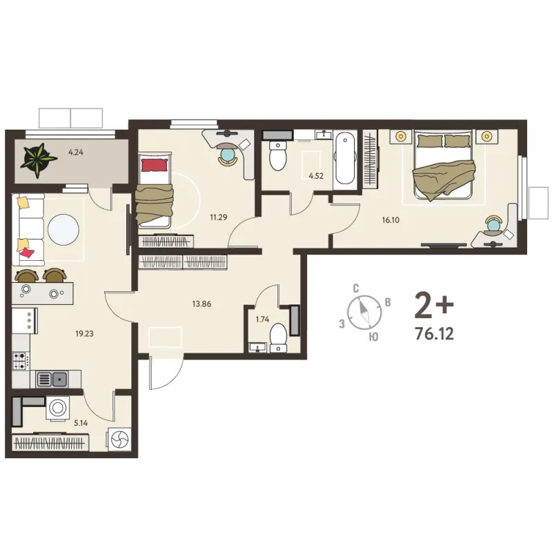 2-комн. 74 м²