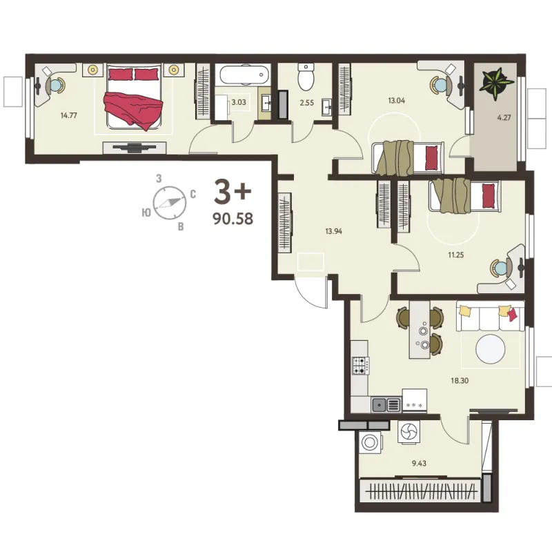 3-комн. 88.5 м²