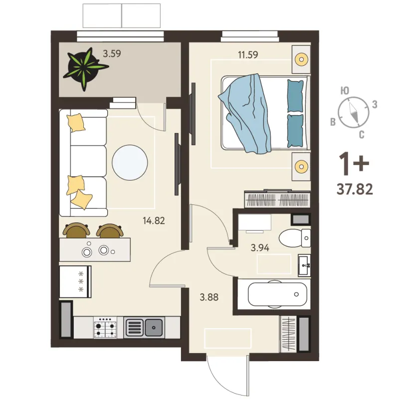 1-комн. 36 м²
