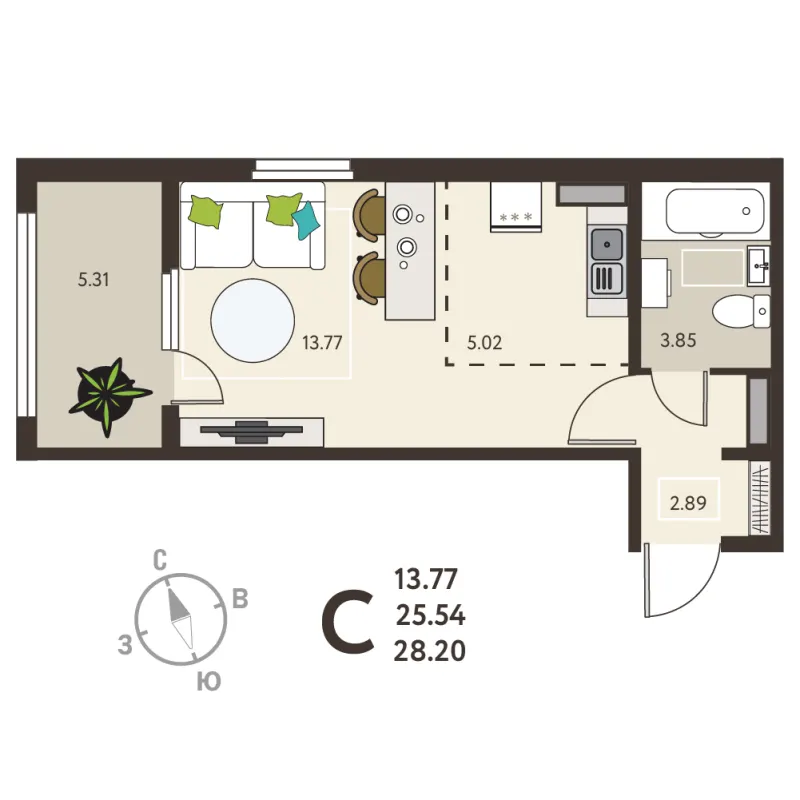 Студия 28.2 м²