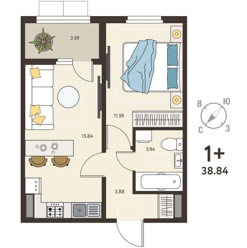 1-комн. 37.1 м²
