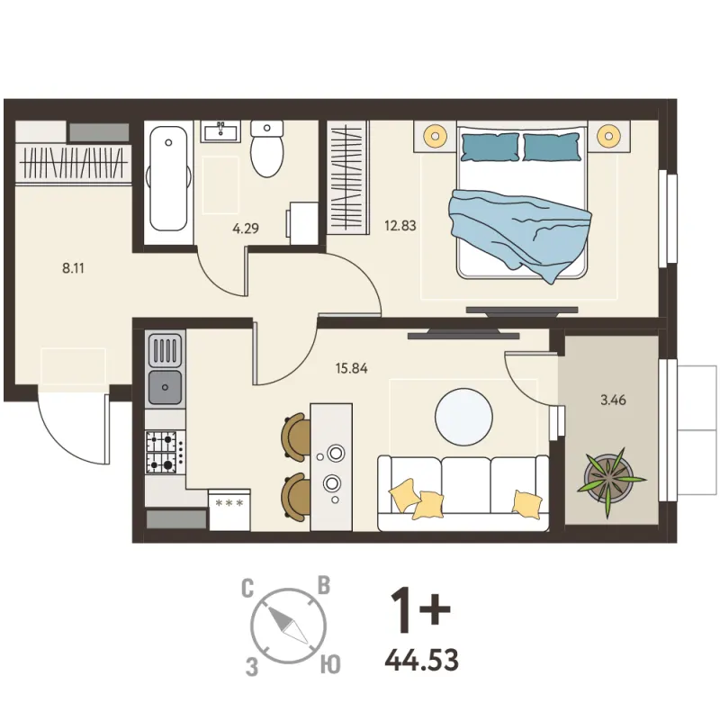 1-комн. 42.8 м²