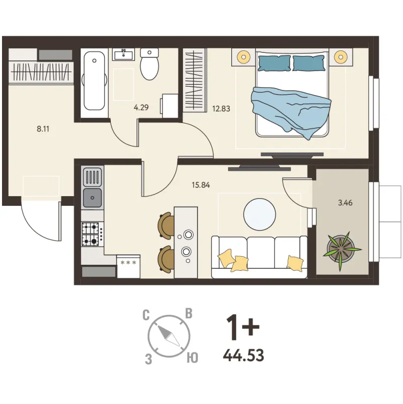 1-комн. 42.8 м²