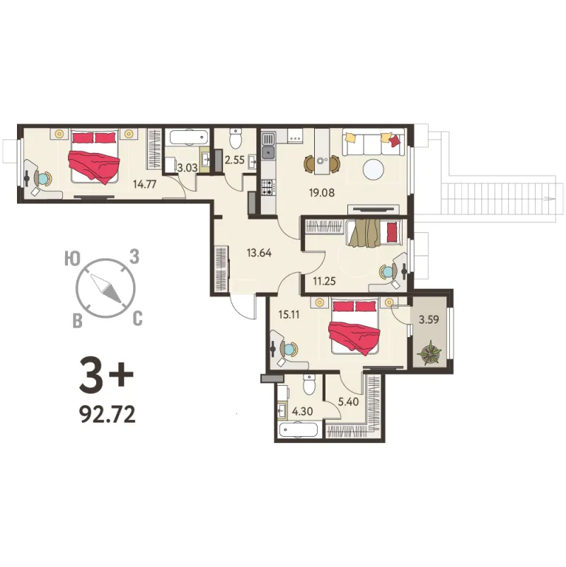 3-комн. 90.9 м²