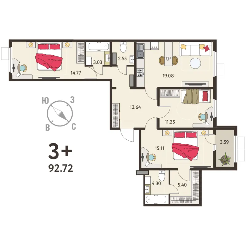 3-комн. 90.9 м²