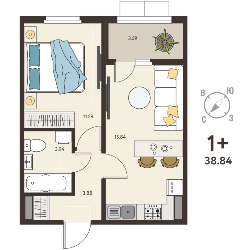 1-комн. 37.1 м²