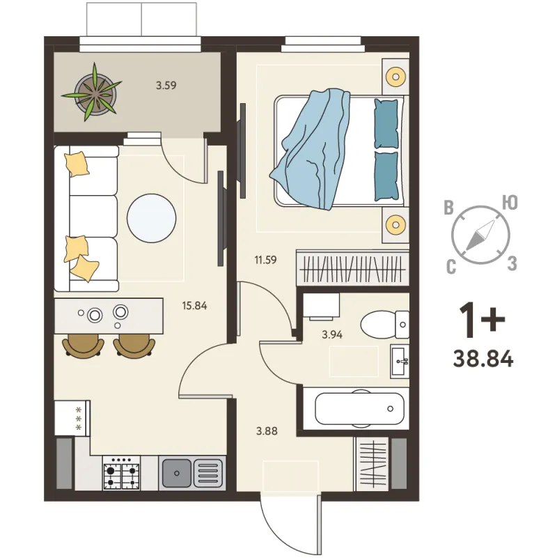 1-комн. 37.1 м²